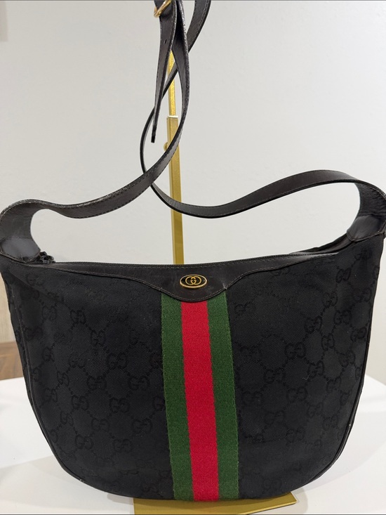 Gucci Handbags - Gucci Black Canvas Shoulder Bag with Green and Red Web Stripe with COA
